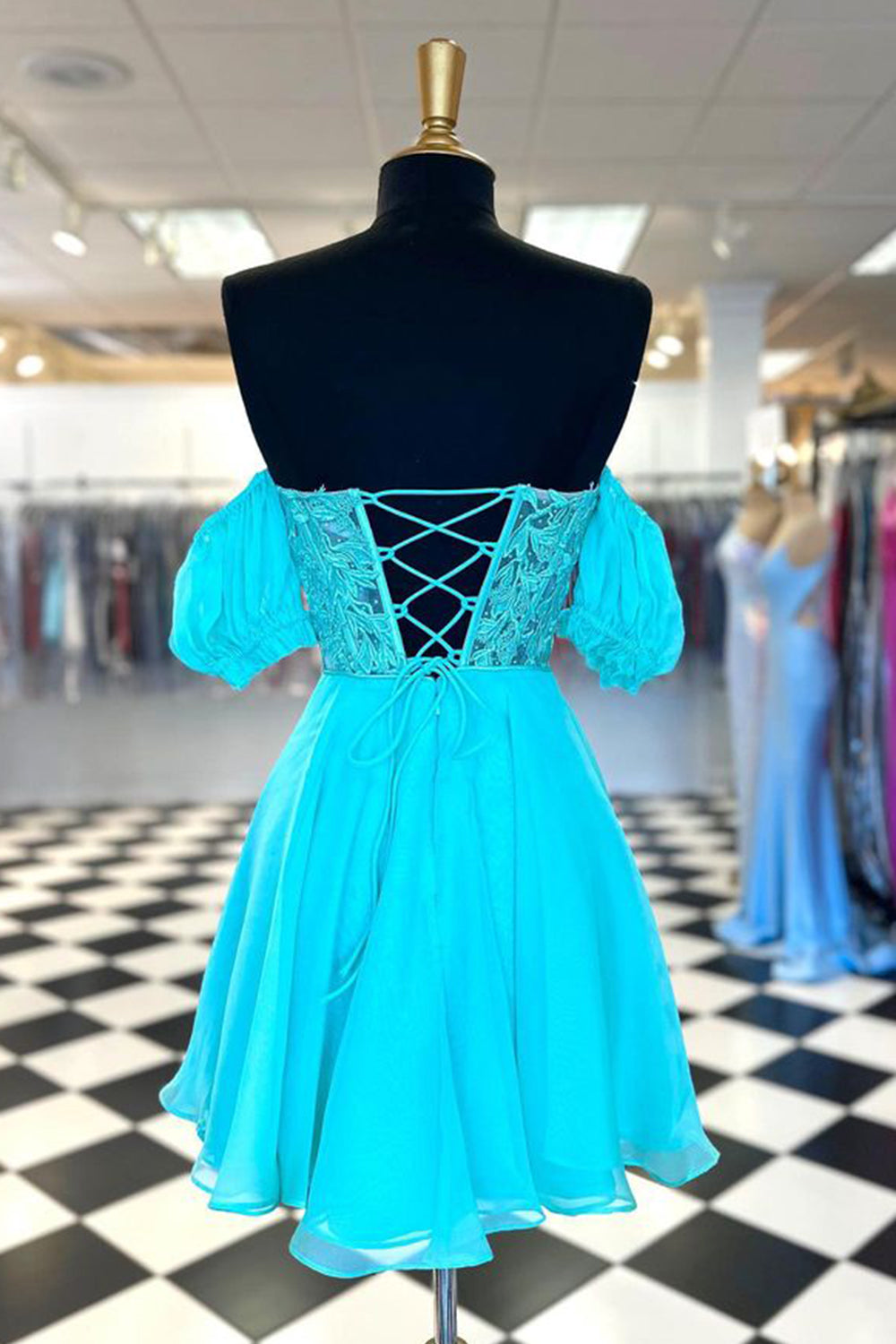 Trendy A Line Off the Shoulder Blue Corset Homecoming Dress with Appliques