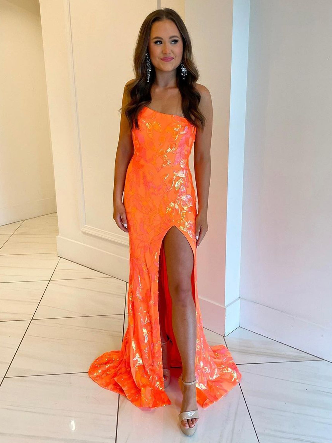 Orange Glitter Mermaid One Shoulder Unique Long Prom Dress