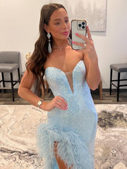 Feather Sequins Mermaid Strapless Sky Blue Long Prom Dress With Slit