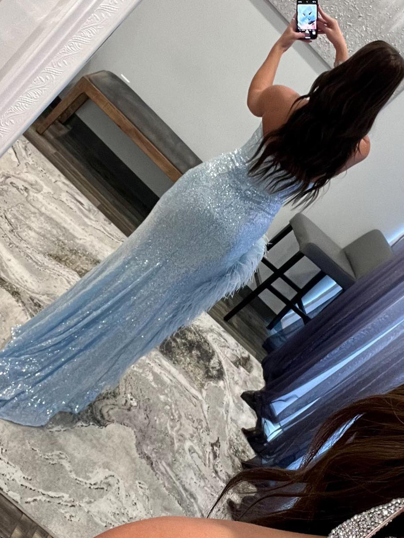 Feather Sequins Mermaid Strapless Sky Blue Long Prom Dress With Slit