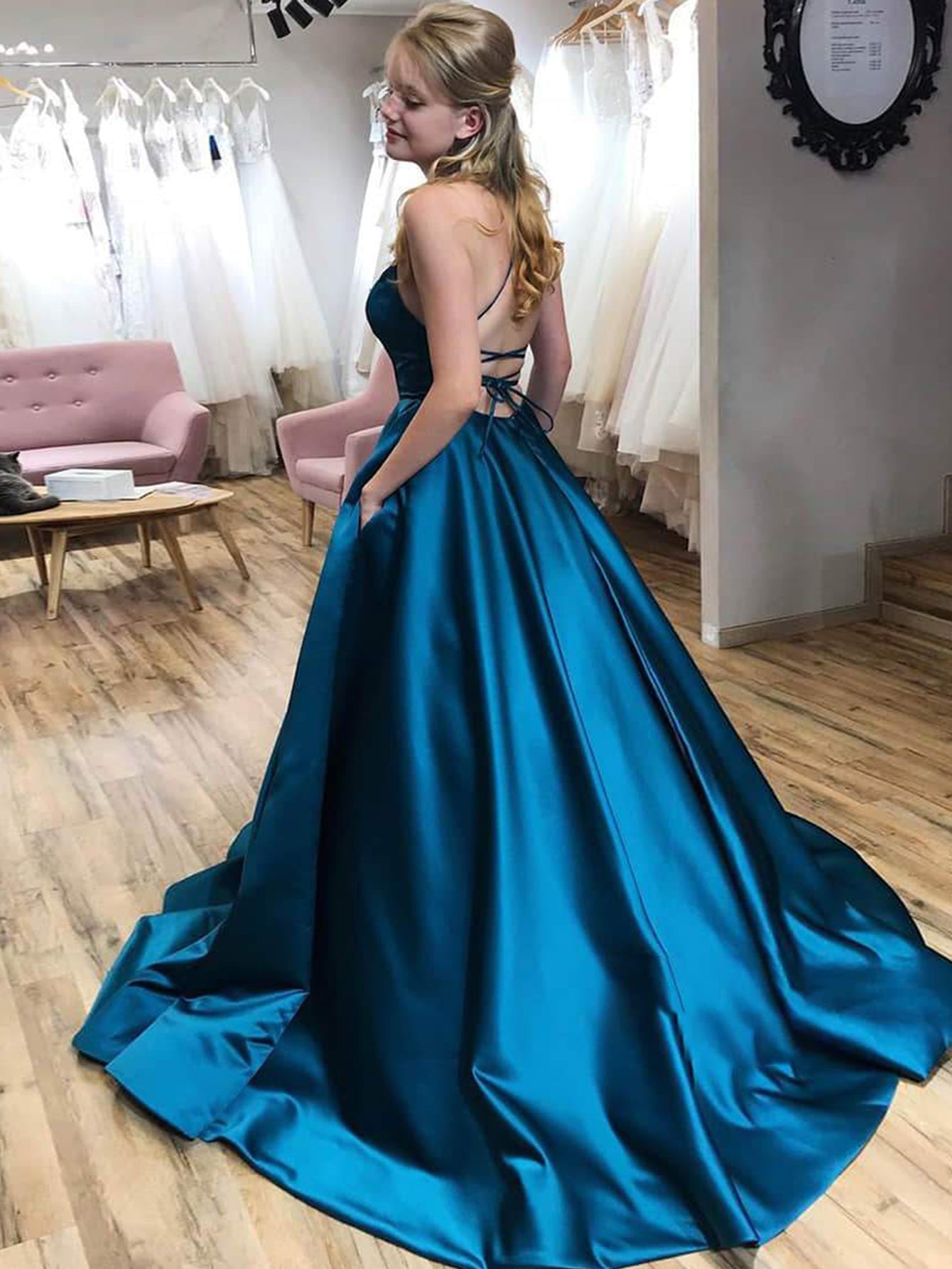Dark Blue Satin A Line Long Prom Dress With Pockets