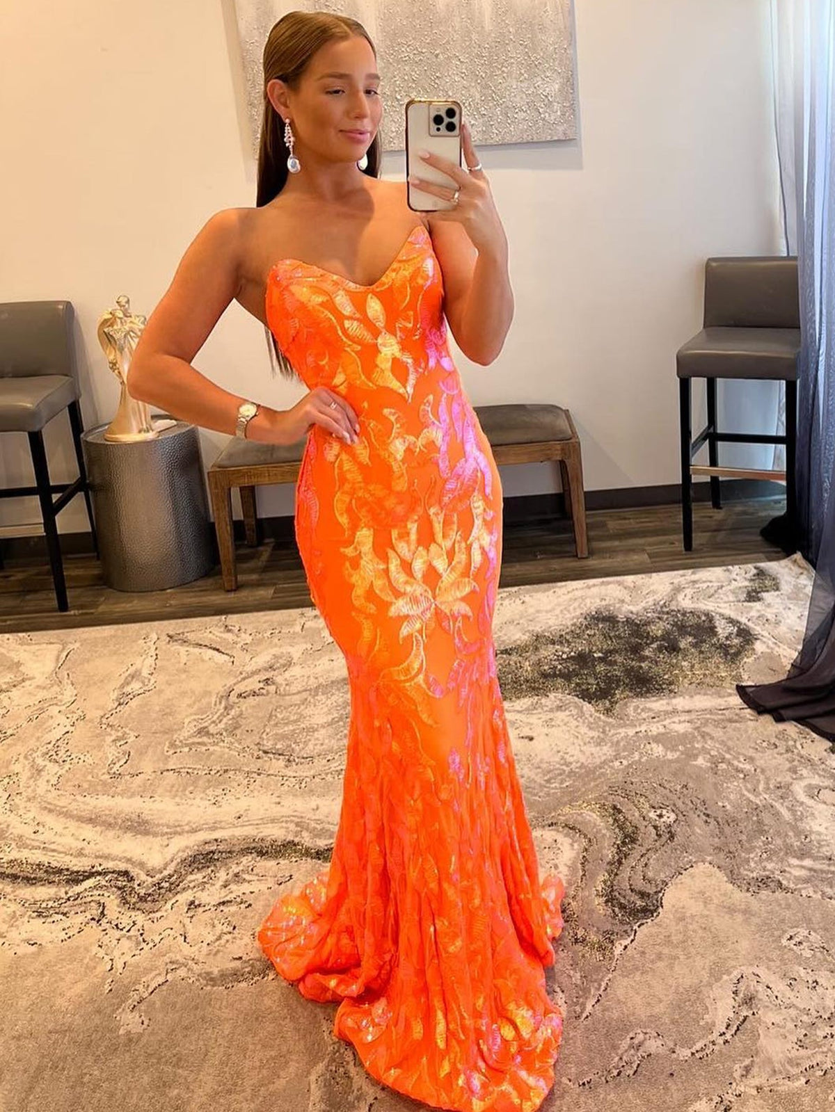 Strapless Glitter Mermaid Orange Long Prom Dress