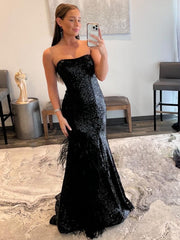 Feather Sequins Mermaid Black Long Prom Dress With Slit
