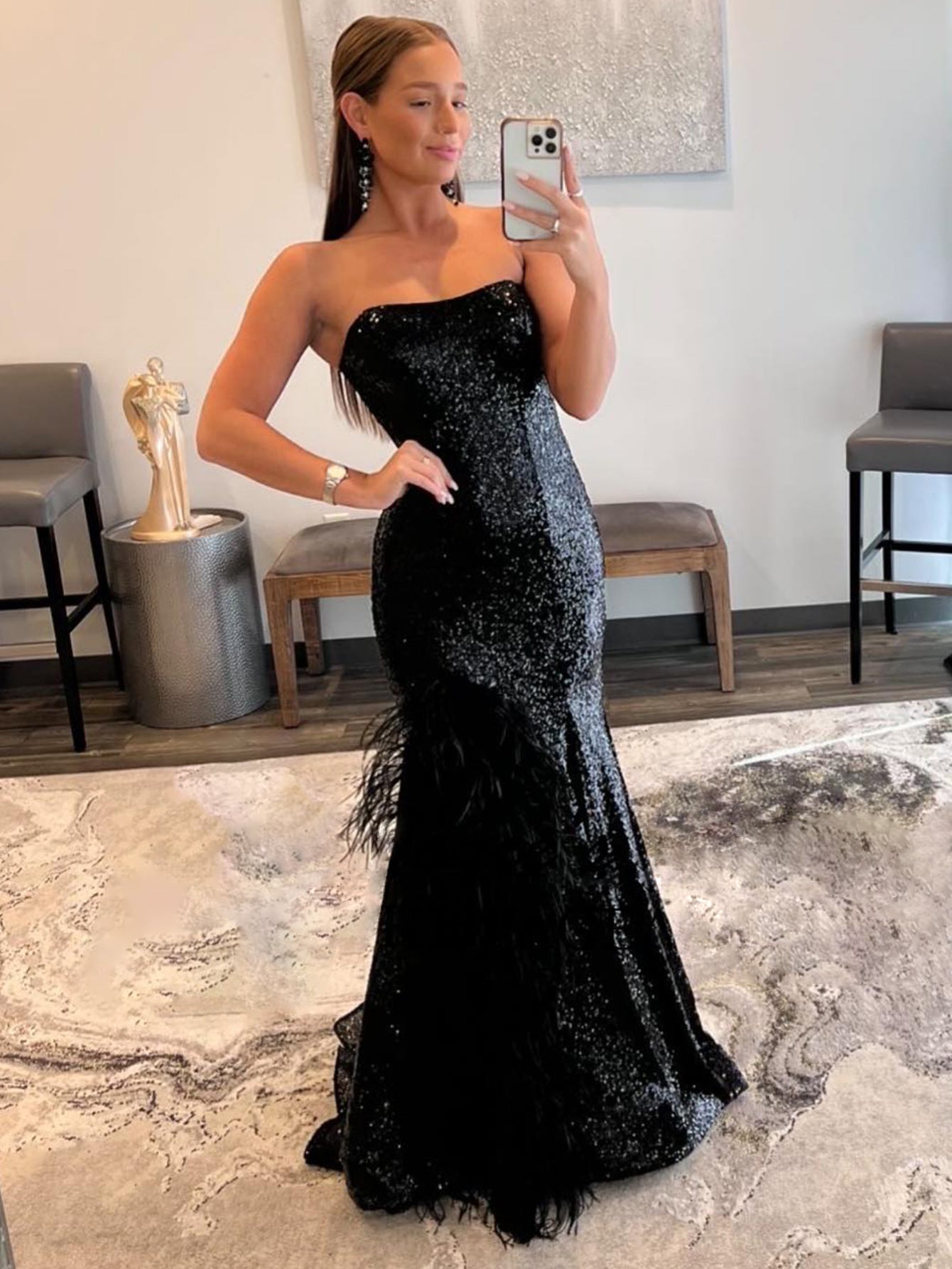 Feather Sequins Mermaid Black Long Prom Dress With Slit