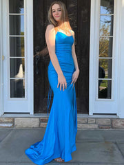 Blue Satin Simple Tight Long Prom Dress