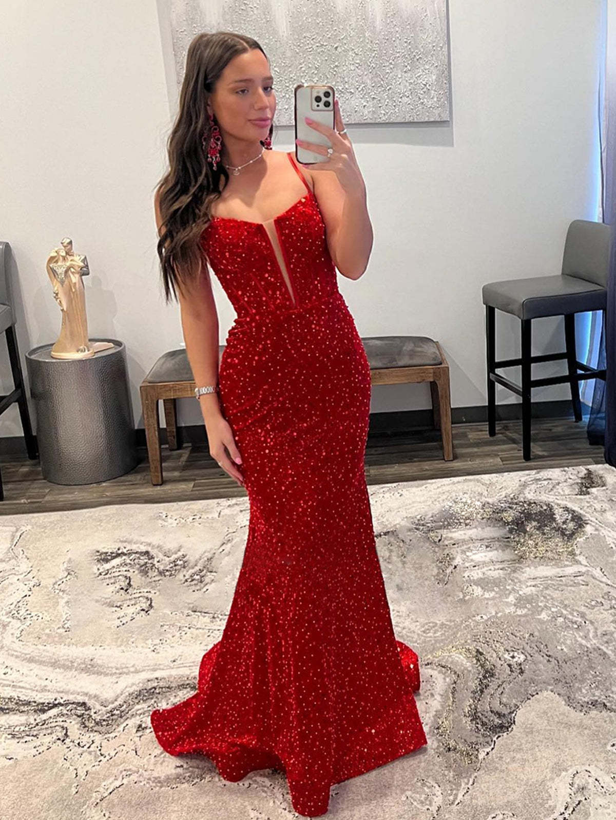 Glitter Mermaid Sleeveless Red Bodycon Long Prom Dress