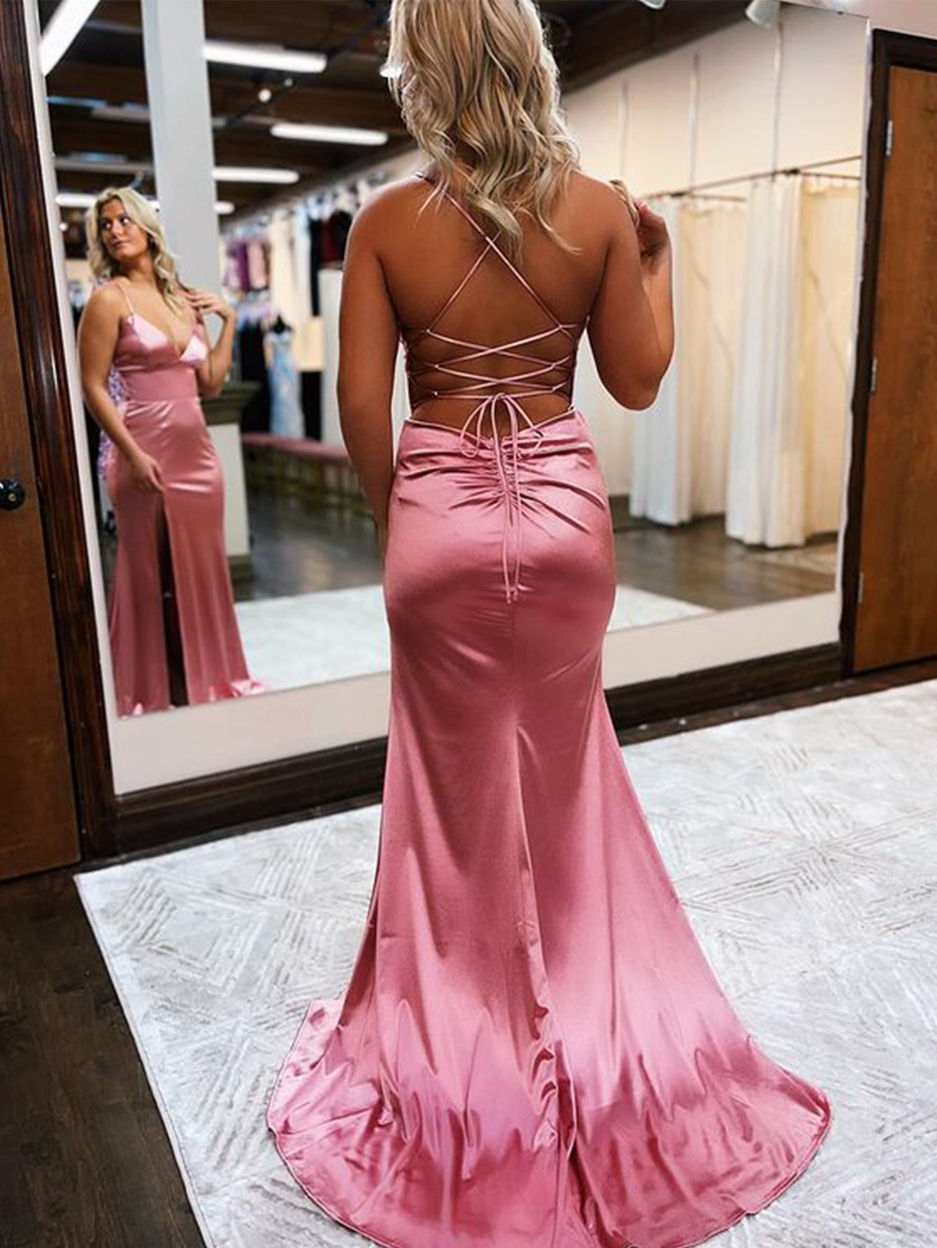 Mermaid V Neck Pink Long Prom Dress