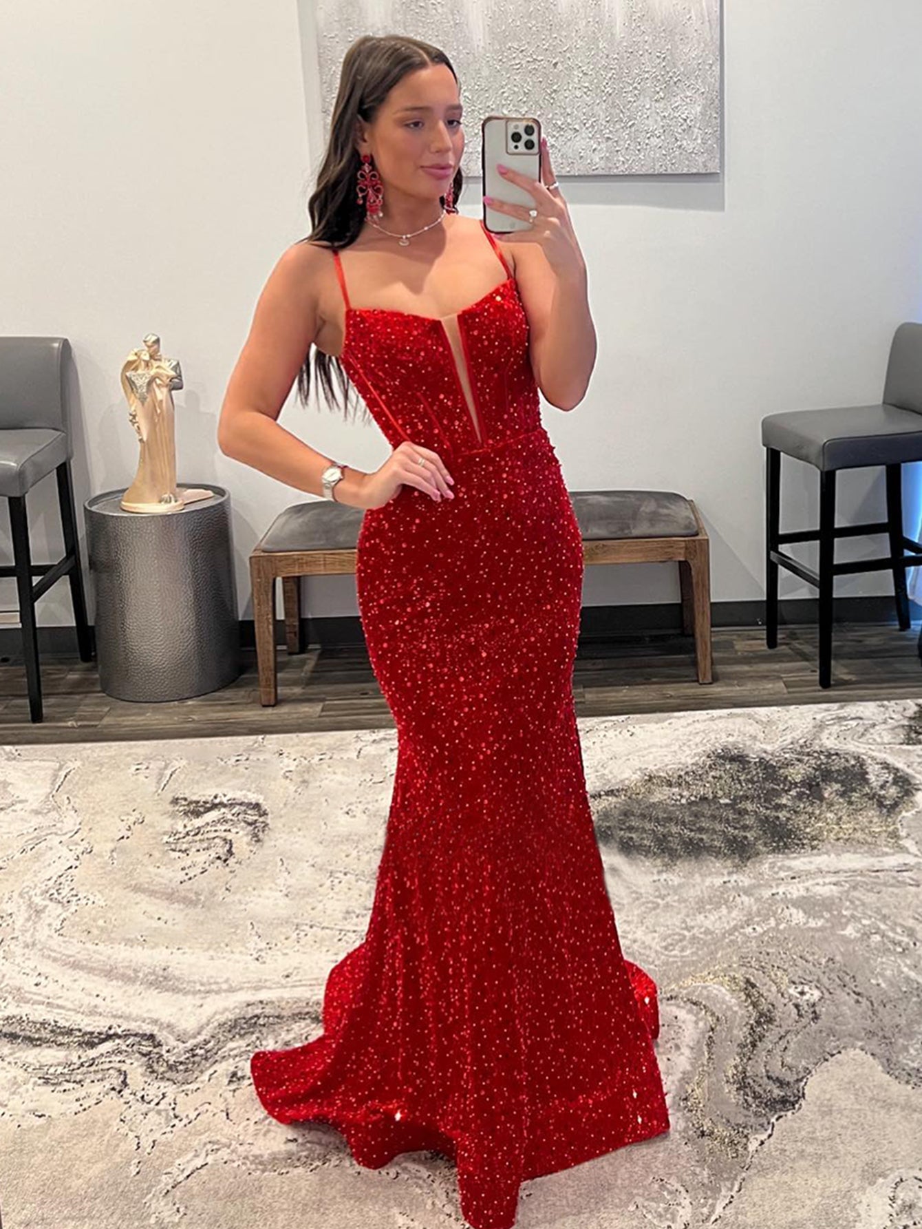 Glitter Mermaid Sleeveless Red Bodycon Long Prom Dress