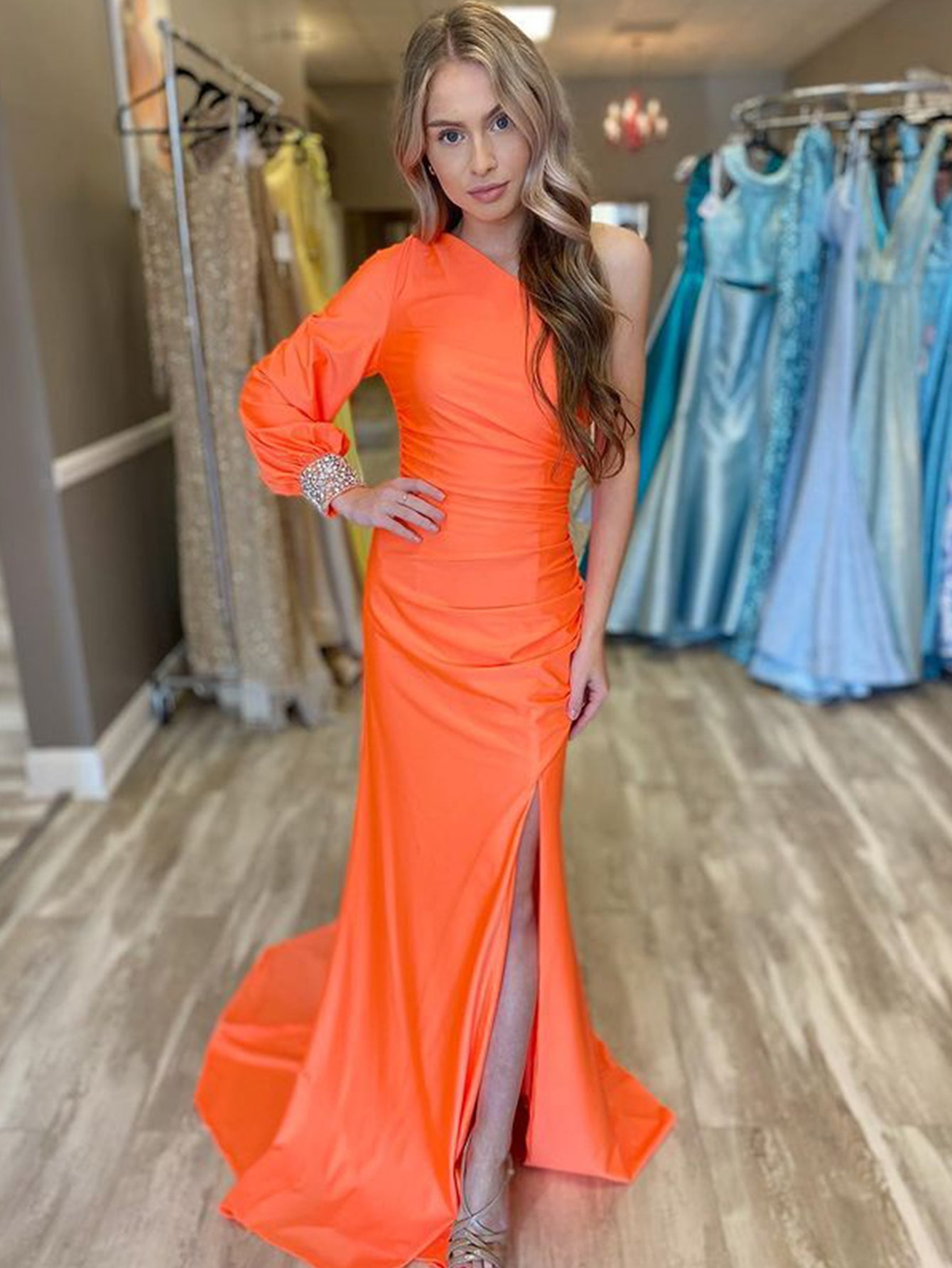 Satin Mermaid One Shoulder Orange Long Prom Dress