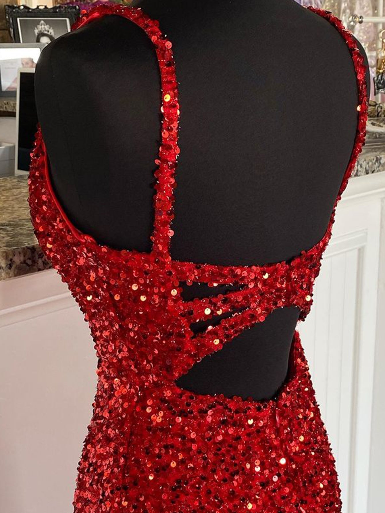 Glitter Mermaid Red Bodycon Long Prom Dress with Sequins