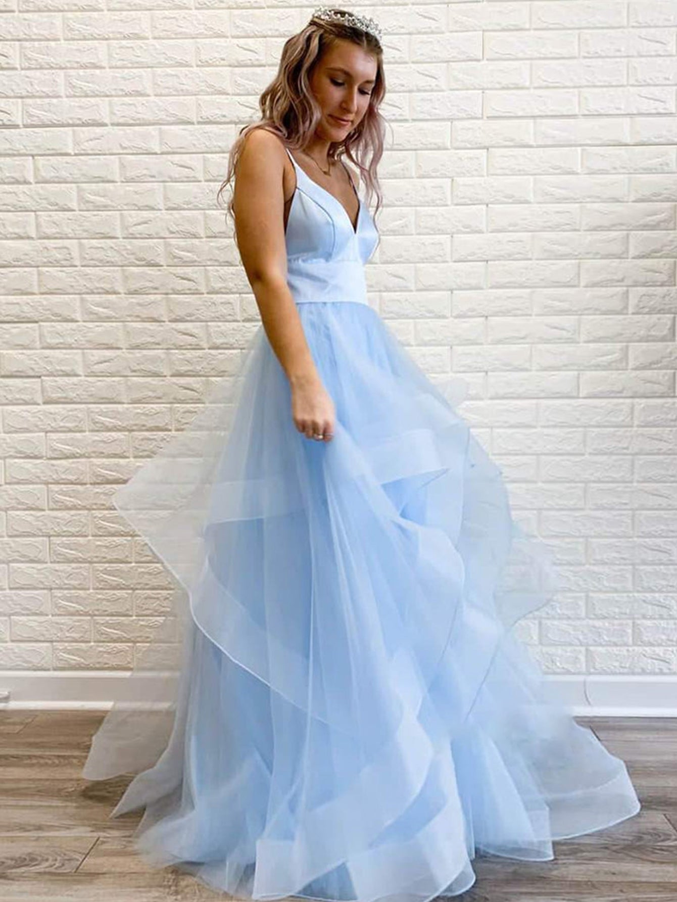 Sky Blue V Neck Tulle Long Prom Dress