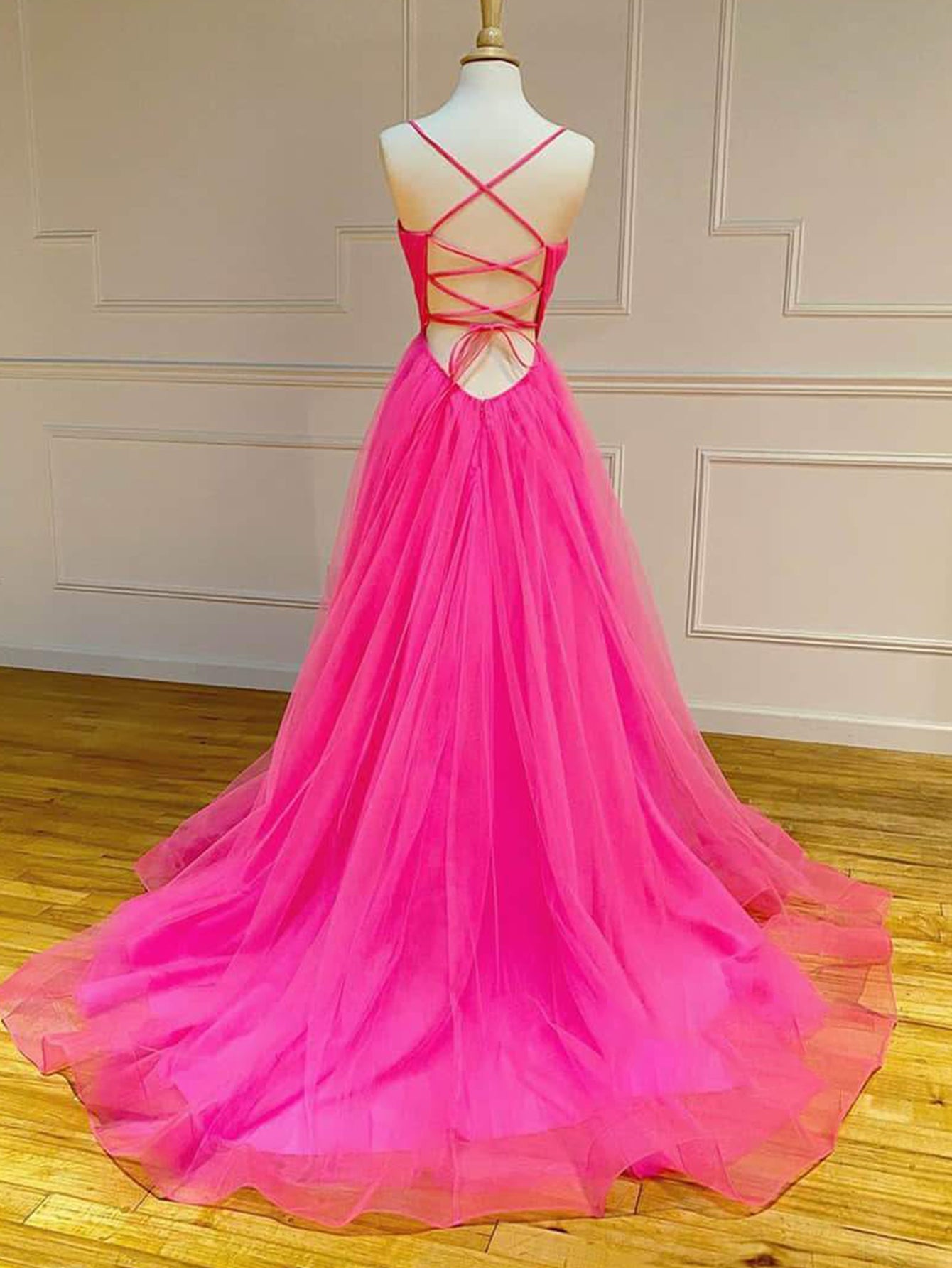 Tulle A Line Ruffles Pink Long Prom Dress