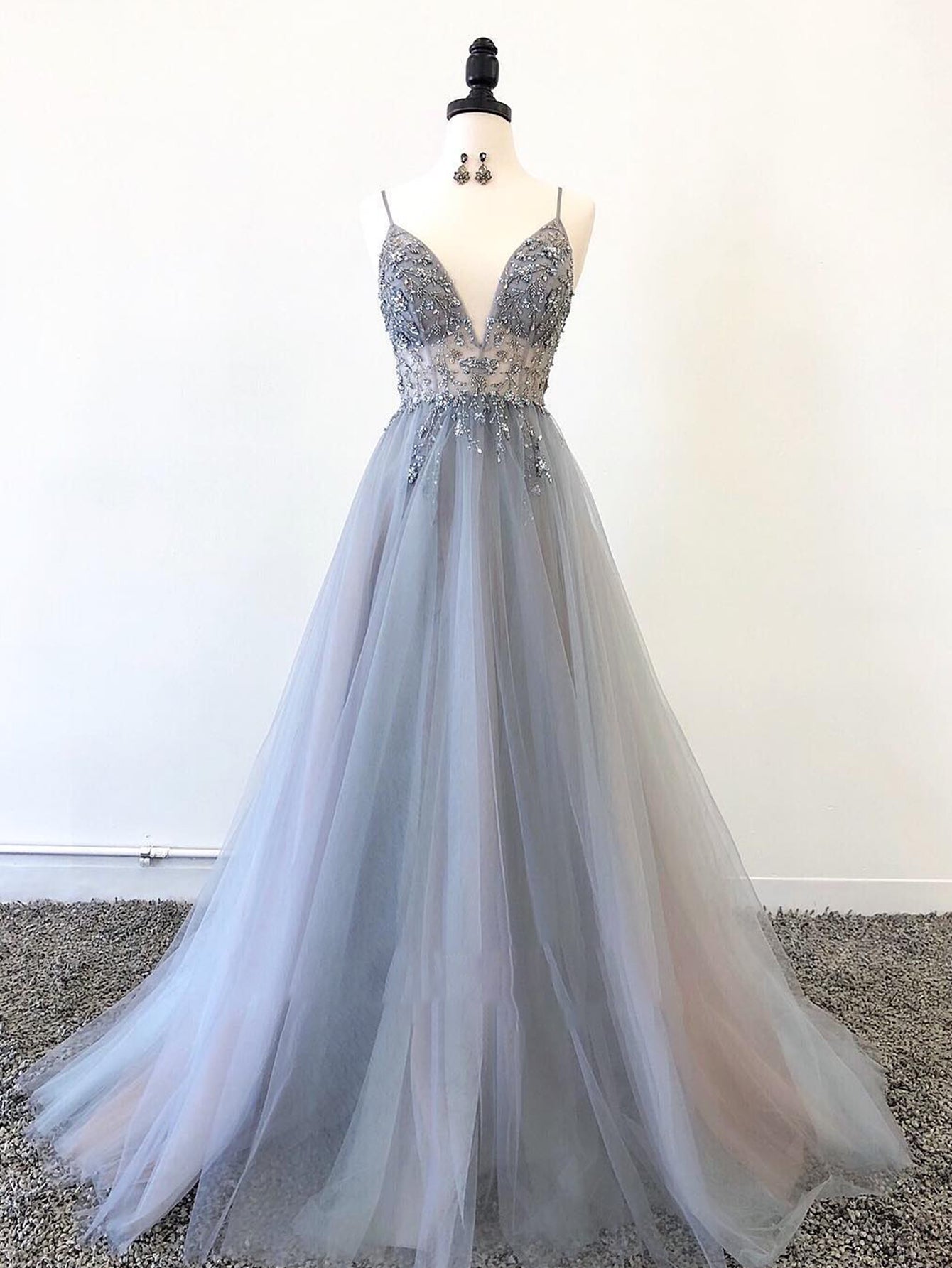 A Line Grey Glitter Tulle Long Prom Dress