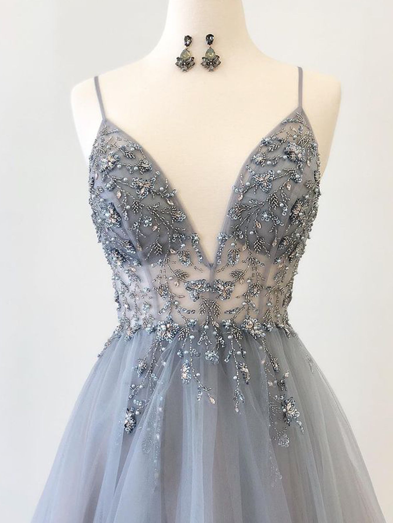 A Line Grey Glitter Tulle Long Prom Dress