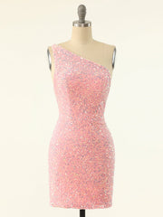One-Shoulder Light Pink Homecoming Short Dress