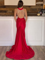 Halter Deep V Neck Red Long Bodycon Prom Dress