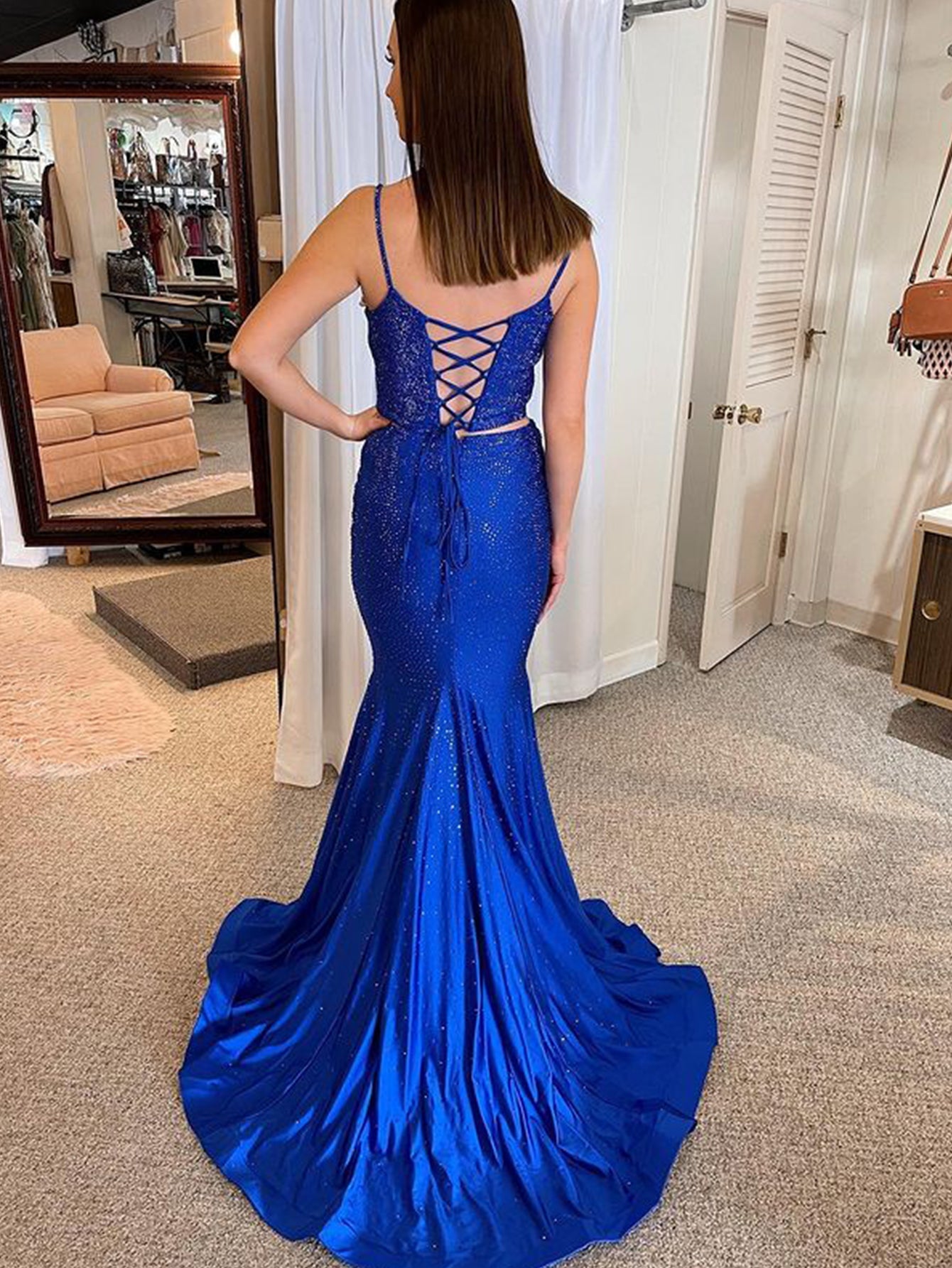 Glitter Sequins Two Piece Set Royal Blue Prom Dress