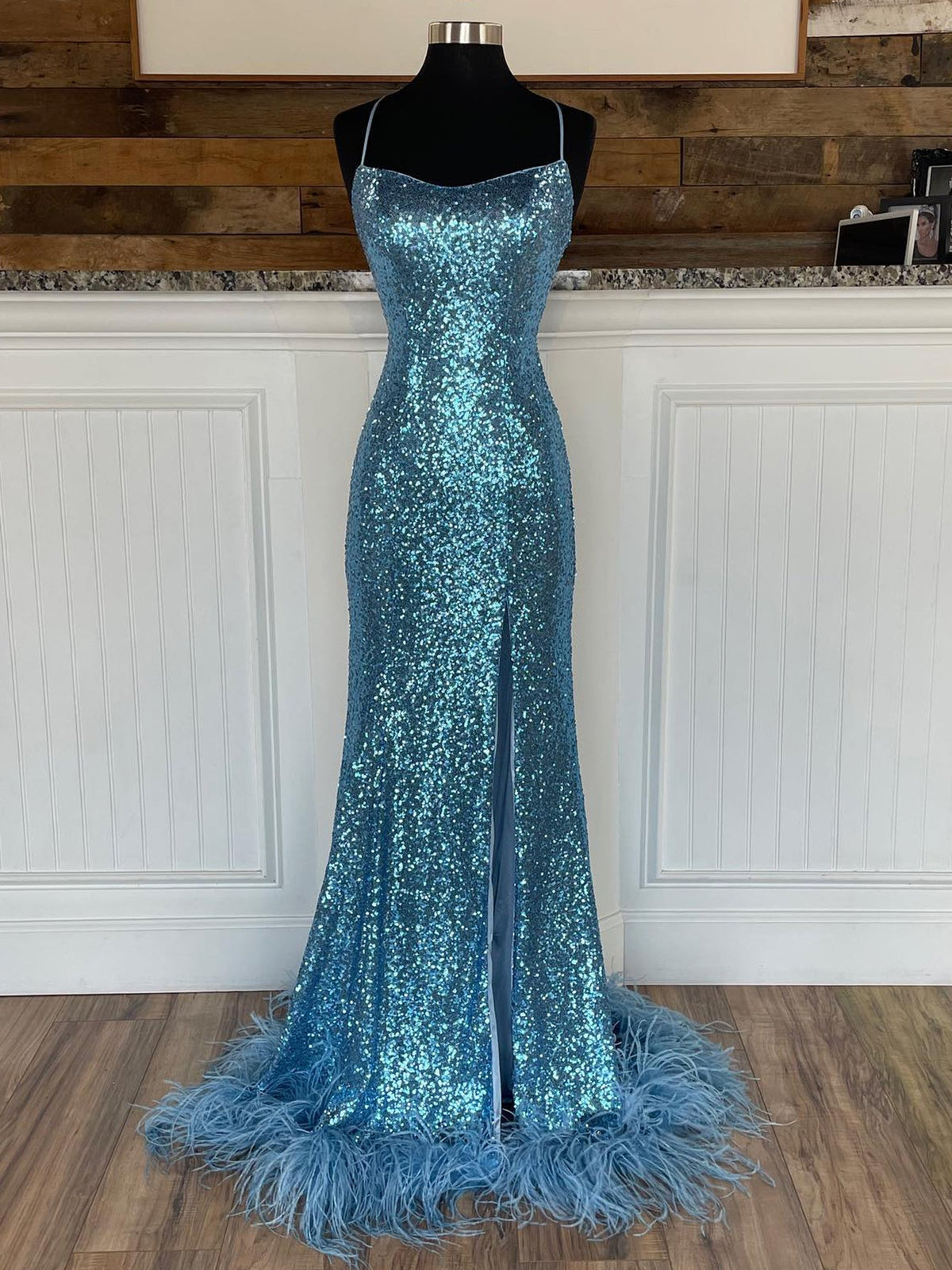Glitter Sequins Mermaid Light Blue Long Prom Dress With Slit