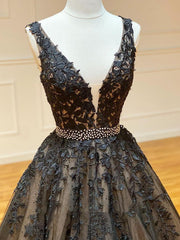 A Line Black V Neck Lace Long Prom Dress