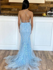 Lace Sky Blue Two Piece Set Prom Dress