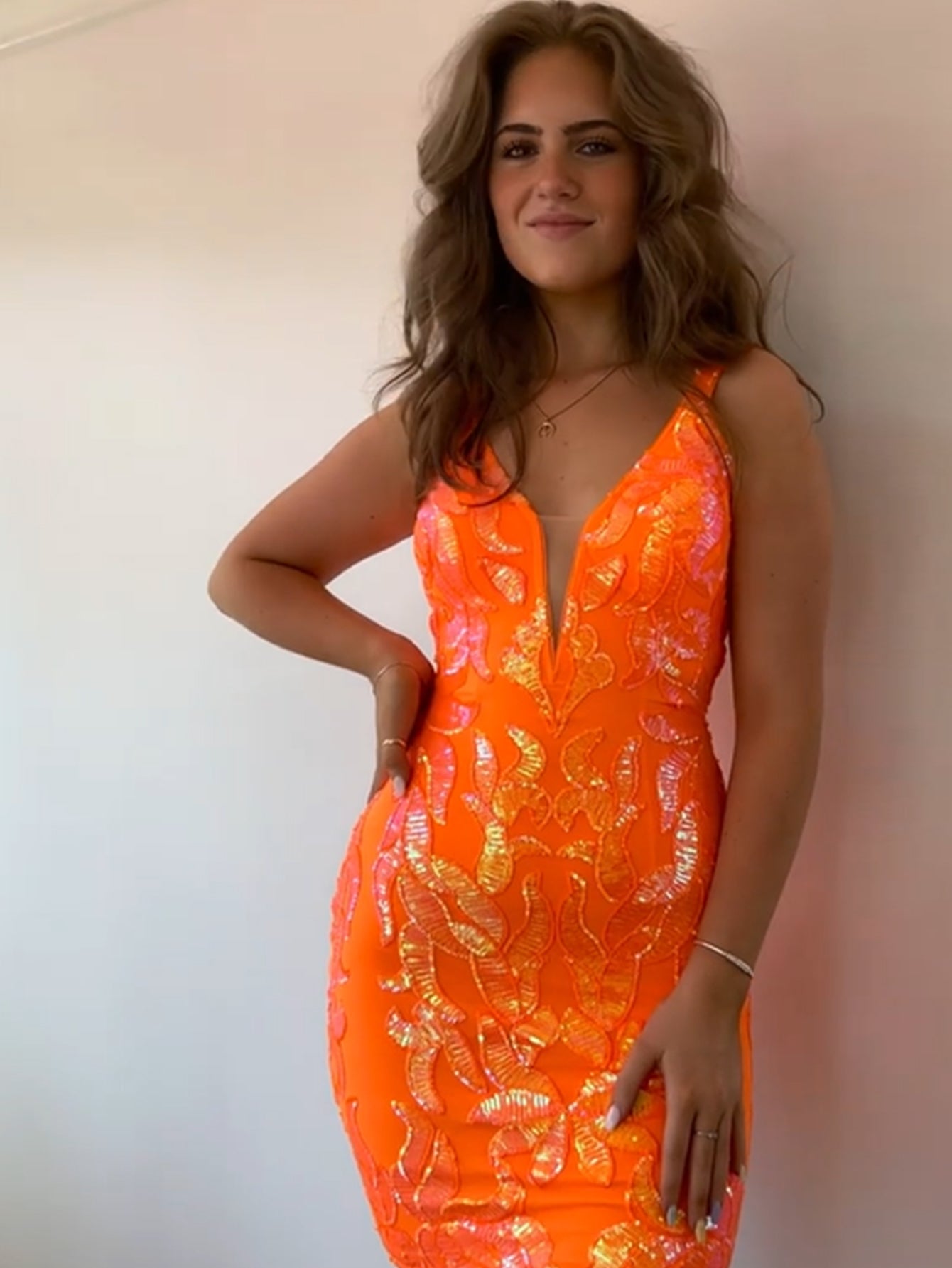 Orange Sequins V Neck Short Homecoming Dress