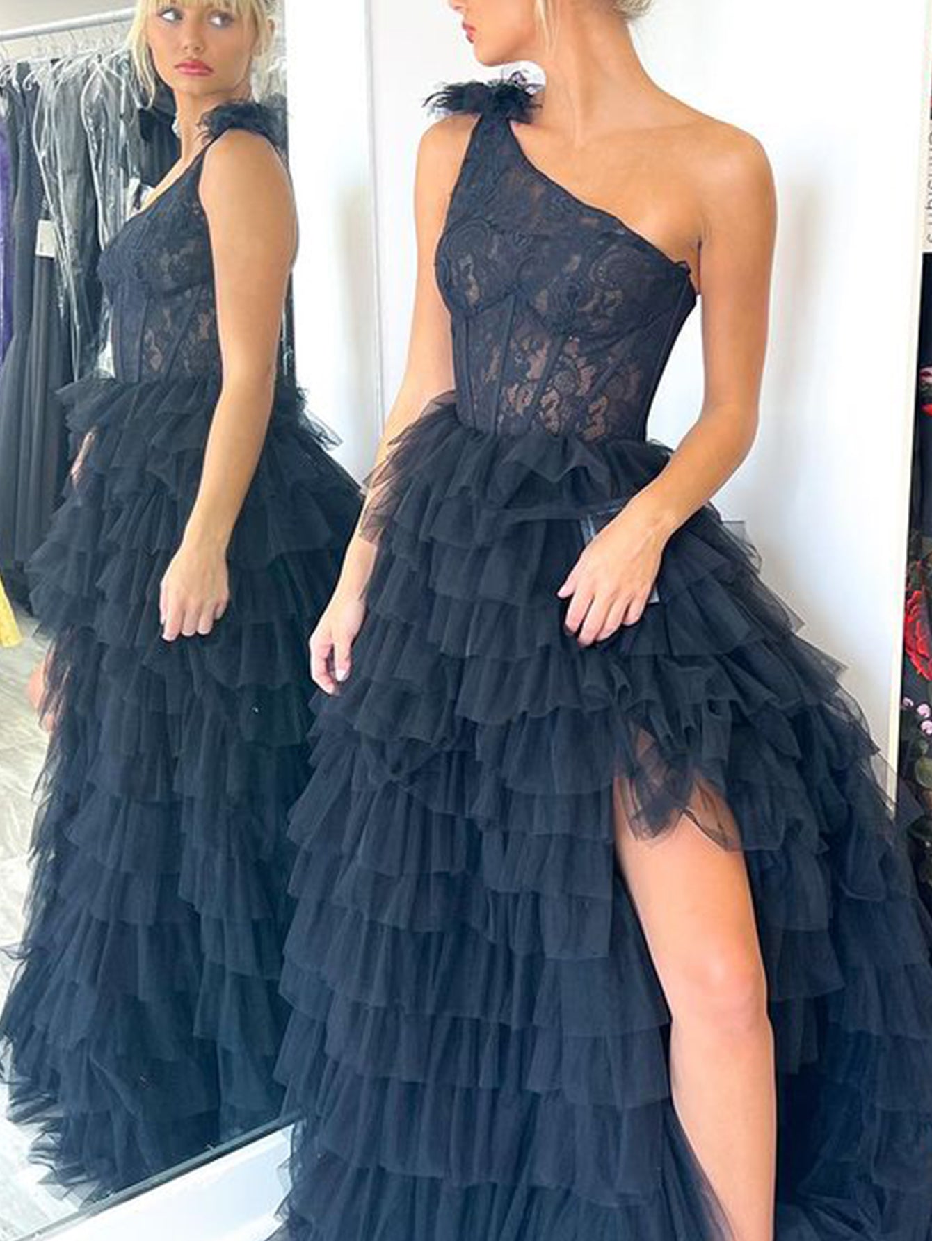 A Line Black One Shoulder Tiered Tulle Long Prom Dress