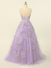 A Line Purple Lace Long Prom Dress