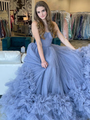 Strapless Blue A-Line Tiered Long Prom Dress