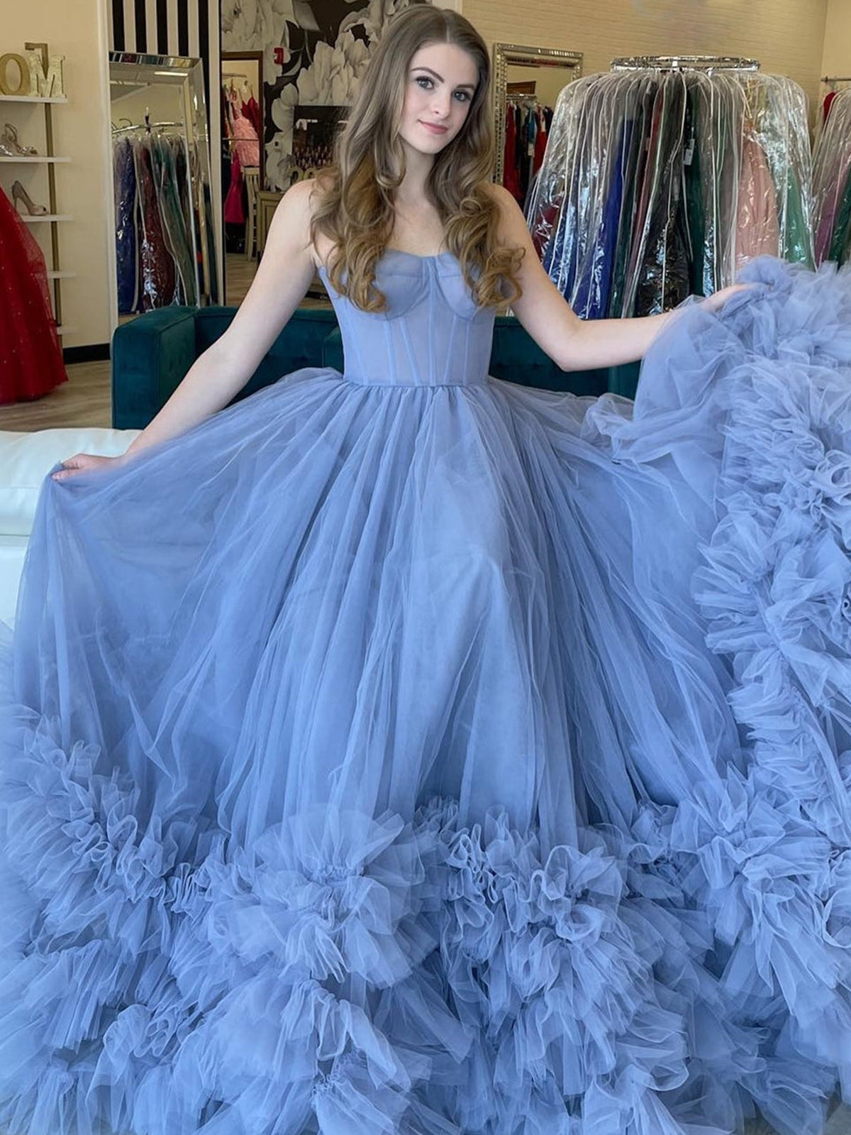 Strapless Blue A-Line Tiered Long Prom Dress