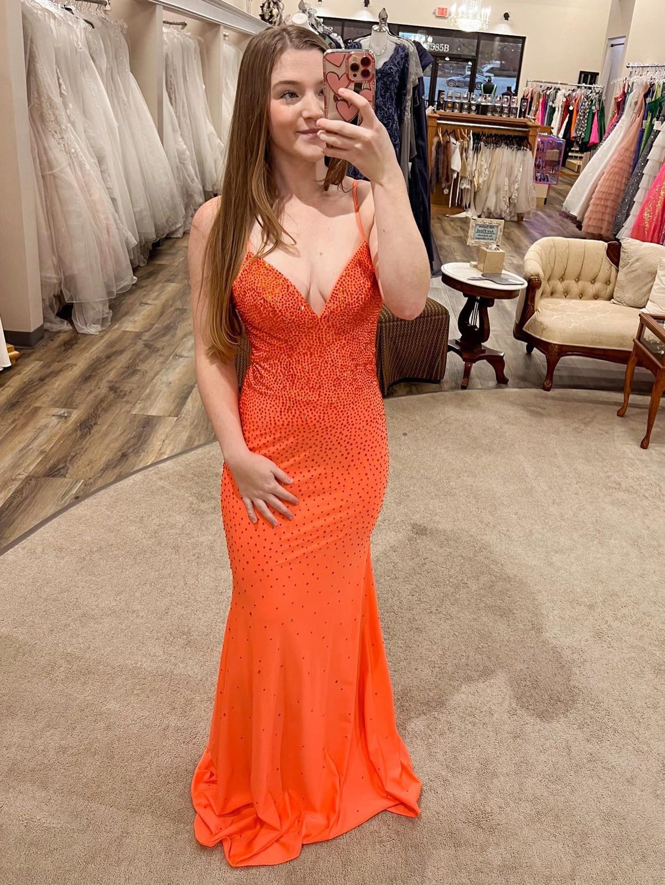 Sparkly Mermaid V Neck Orange Long Prom Dress