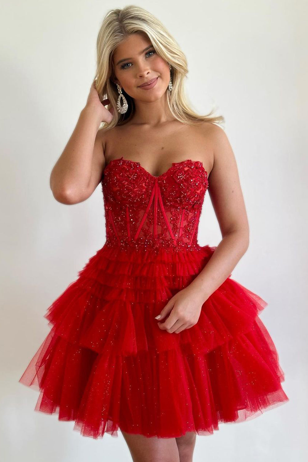 Cute A Line Sweetheart Red Corset Homecoming Dress with Appliques