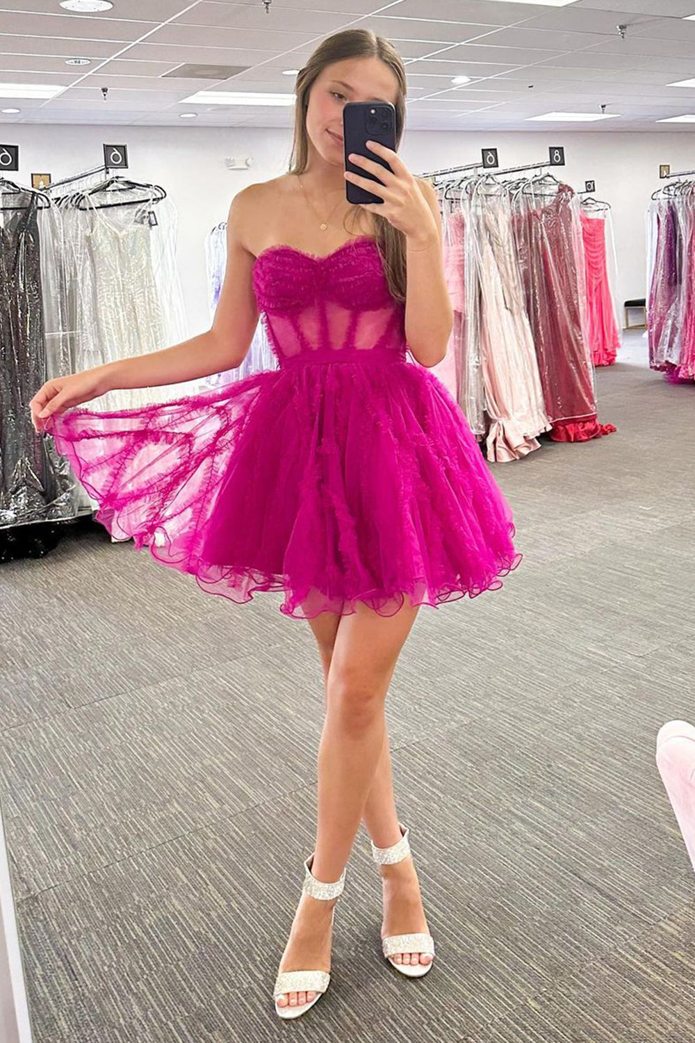 Trendy A Line Sweetheart Fuchsia Tulle Corset Homecoming Dress