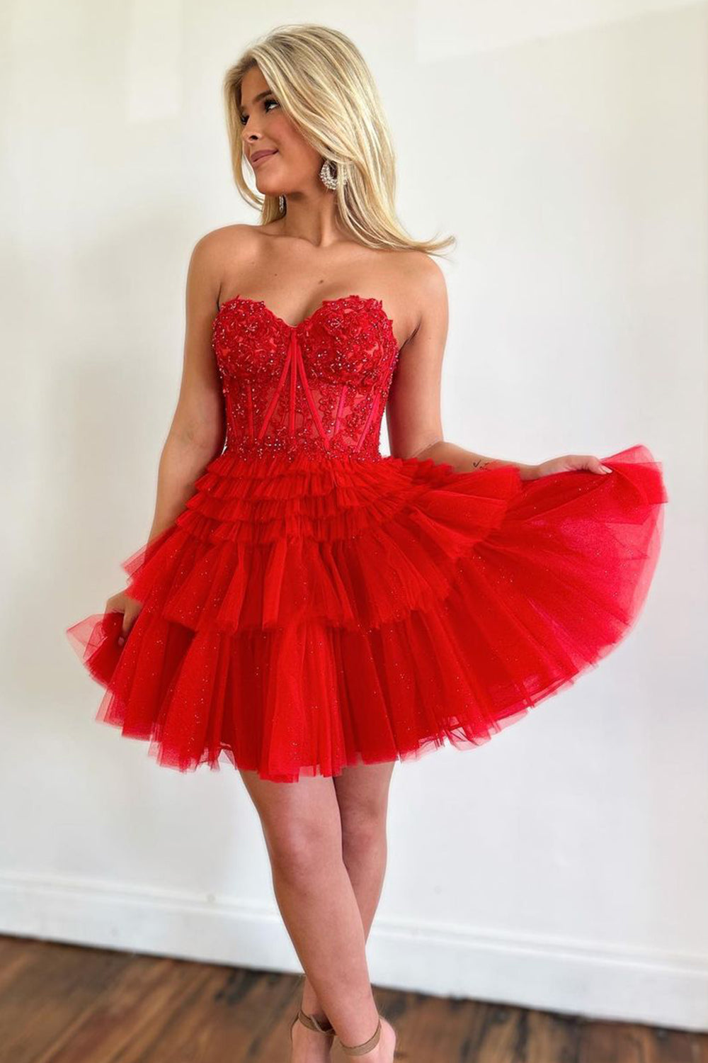 Cute A Line Sweetheart Red Corset Homecoming Dress with Appliques
