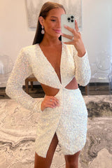 Sparkly Sheath Deep V Neck White Sequins Short Homecoming Dress with Keyhole