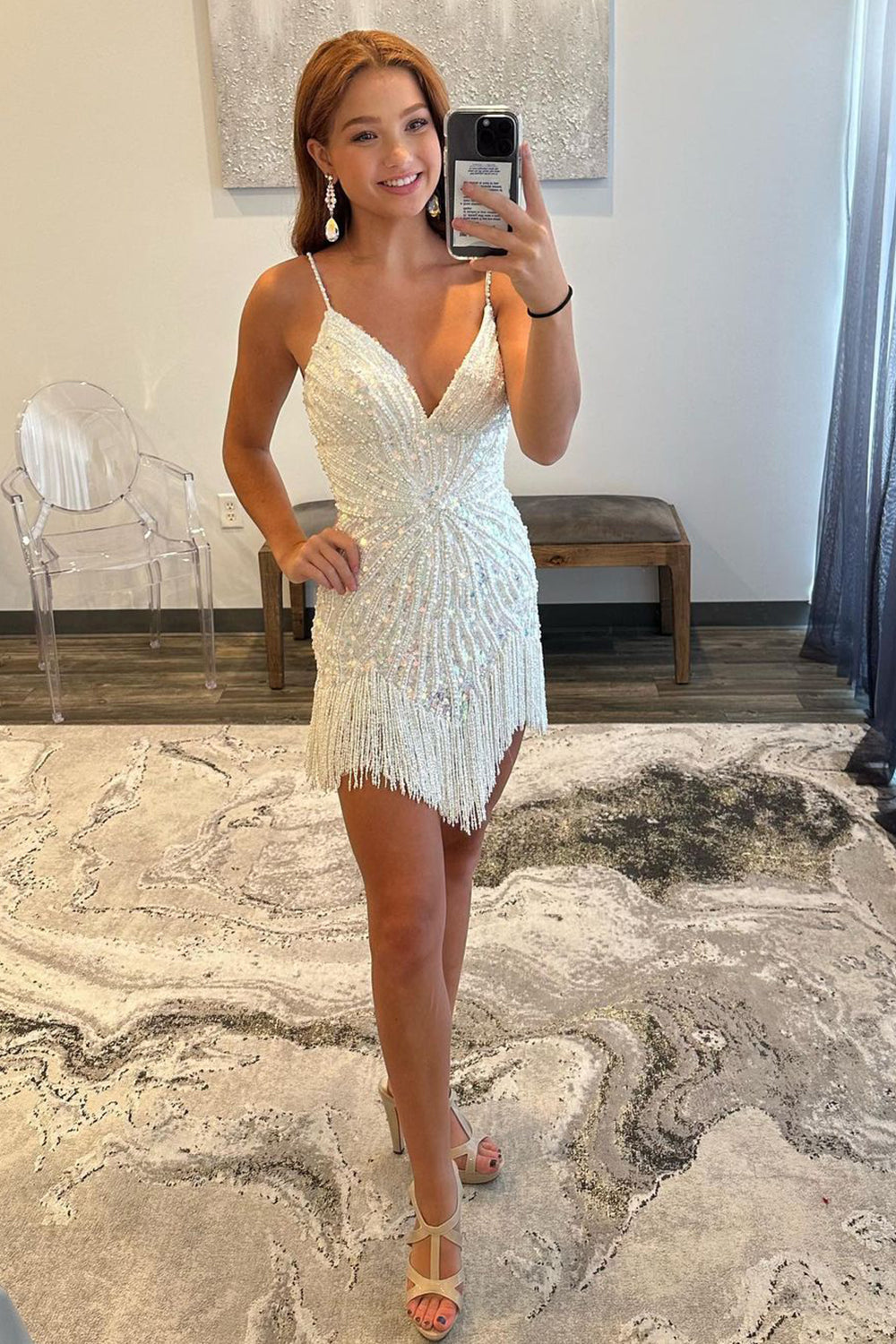Bling Sheath Spaghetti Straps Blue Sequins Short Homecoming Dress with Tassel
