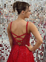 Sparkly A Line Red Long Prom Dress With Slit