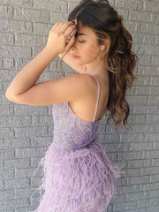 Sparkly V-neck Lilac Homecoming Short Dress with Feathers