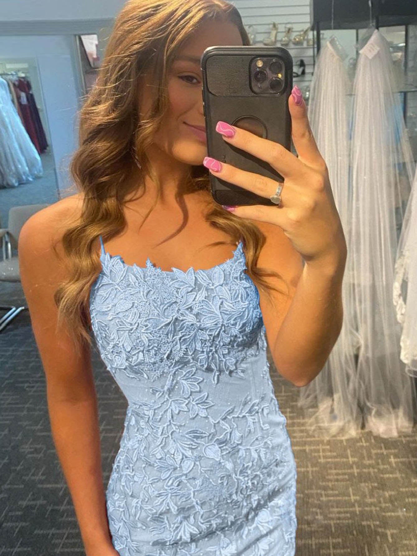 Spaghetti Straps Bodycon Sky Blue Homecoming Short Dress with Appliques