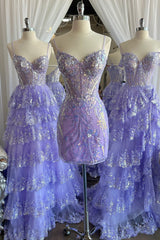 Stylish Sheath Spaghetti Straps Lilac Corset Homecoming Dress with Sequins