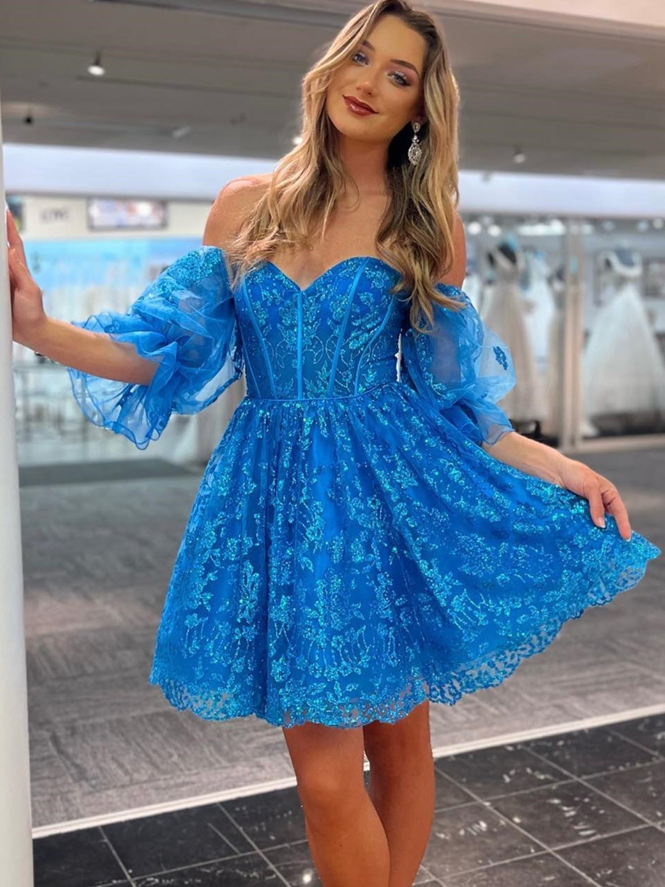 V Neck A-Line Blue Floral Short Homecoming Dress With Long Sleeves