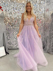 V Neck Backless Lilac A Line Glitter Long Prom Dress