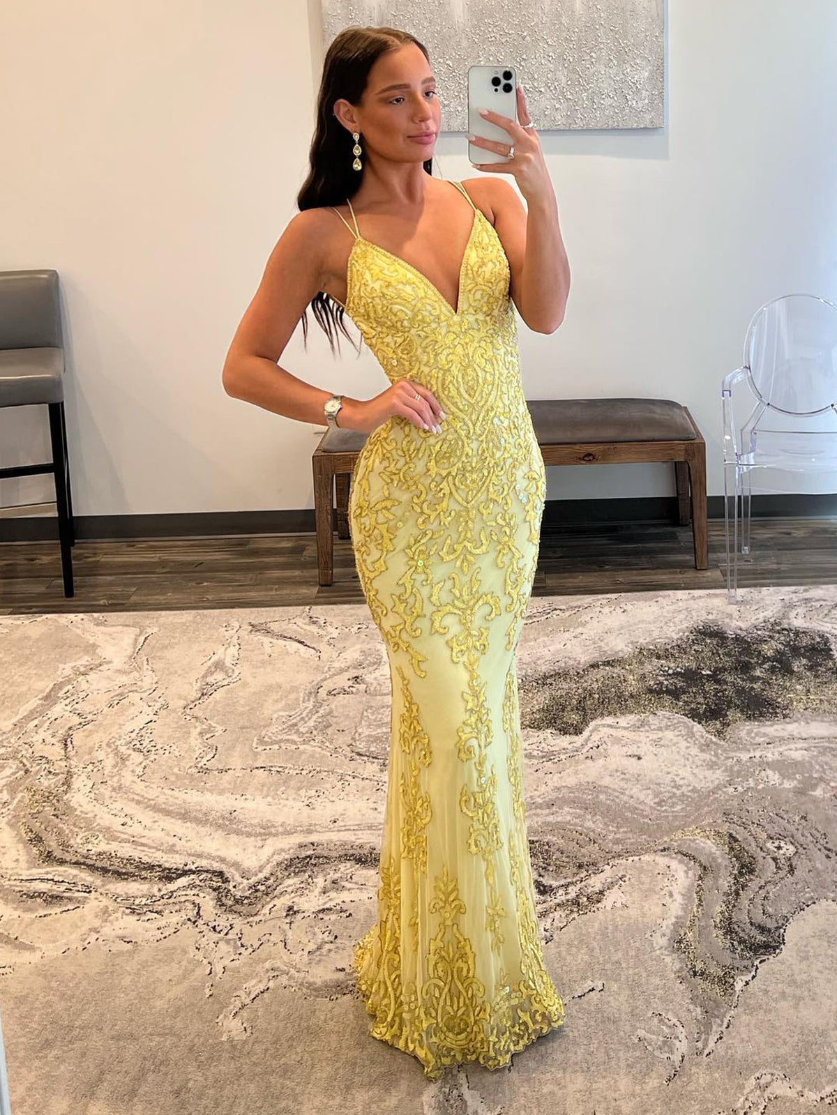 Mermaid V Neck Yellow Spaghetti Straps Long Prom Dress