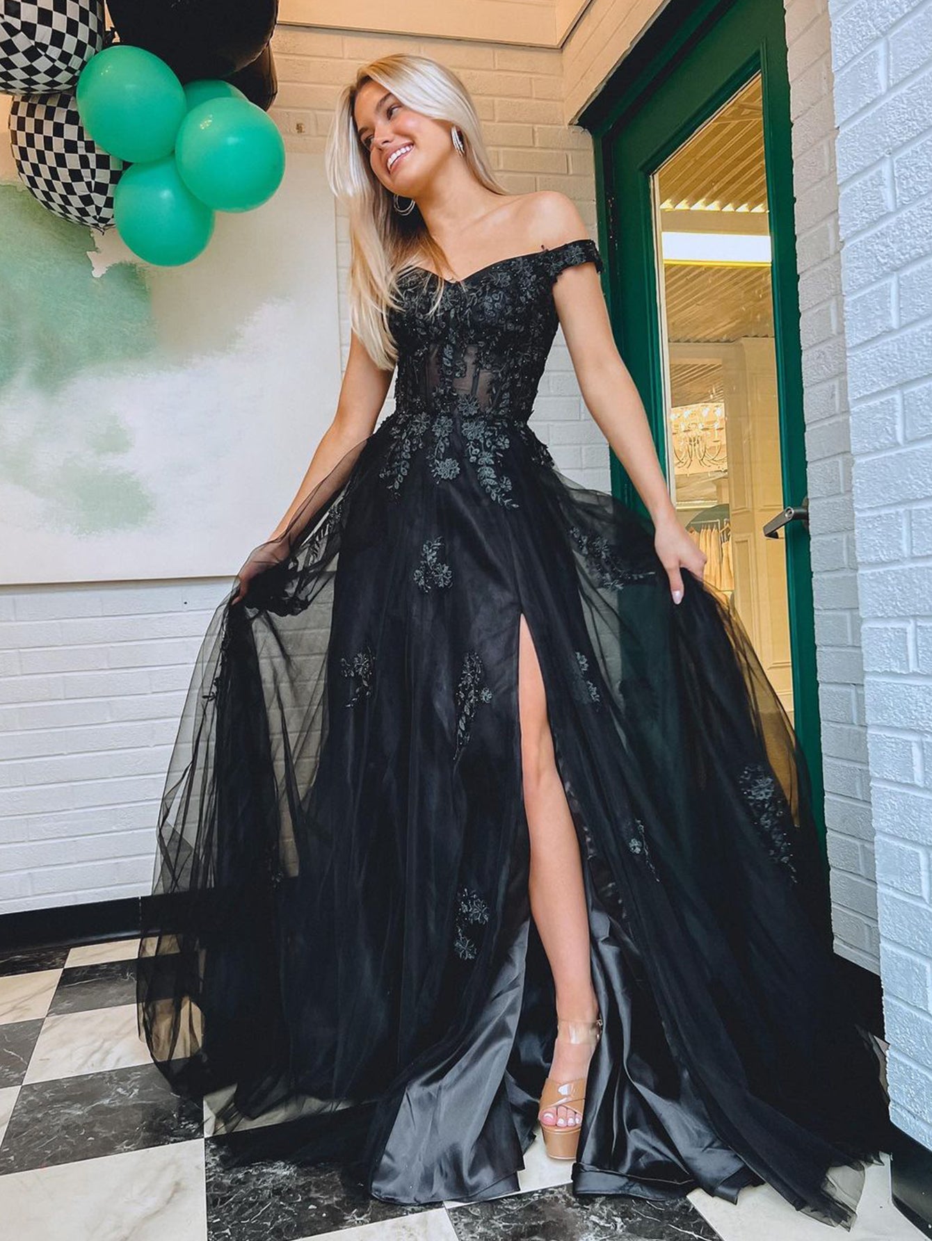 Black Floral Lace Strapless Long Prom Dress With Slit
