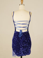 Sequins Royal Blue Tight Beading Homecoming Short Dress with Tassels