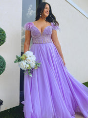 Lilac A Line V Neck Lace Long Prom Dress