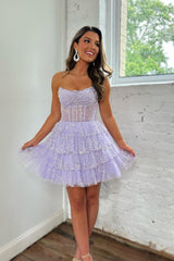 Cute A Line Strapless Lilac Corset Homecoming Dress with Ruffles