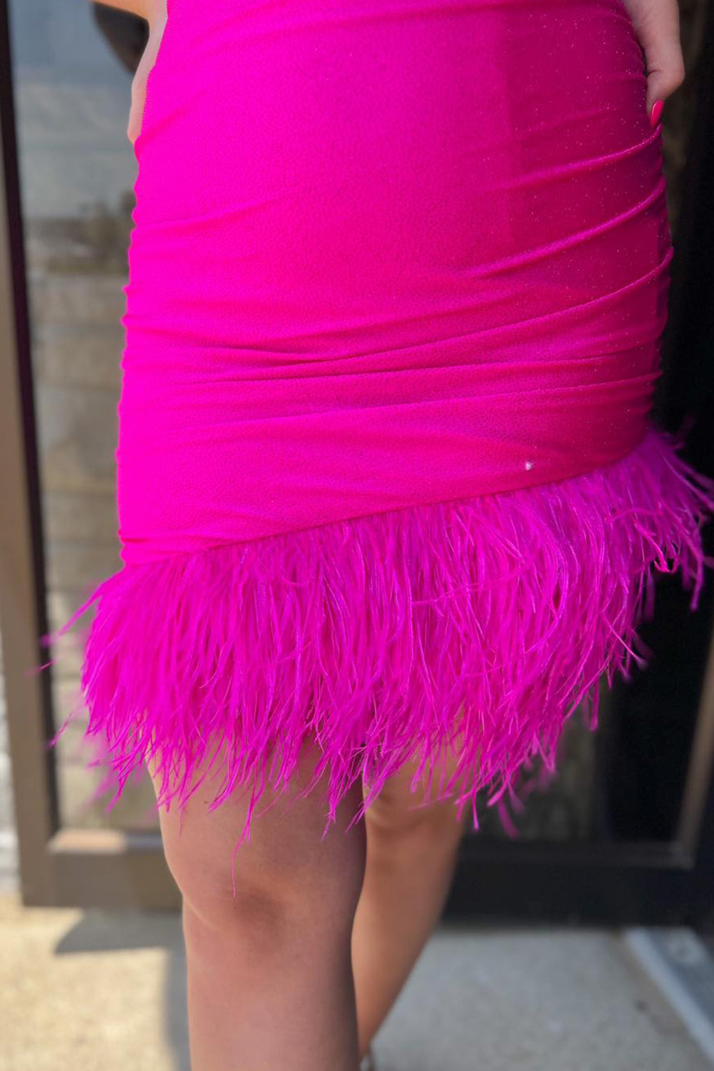 Cute Sheath Spaghetti Straps Hot Pink Short Homecoming Dress with Feather
