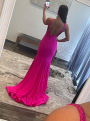 Mermaid V-Neck Backless Glitter Fuchsia Long Prom Dress