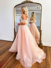 A Line Off The Shoulder Sequins Pink Long Prom Dress