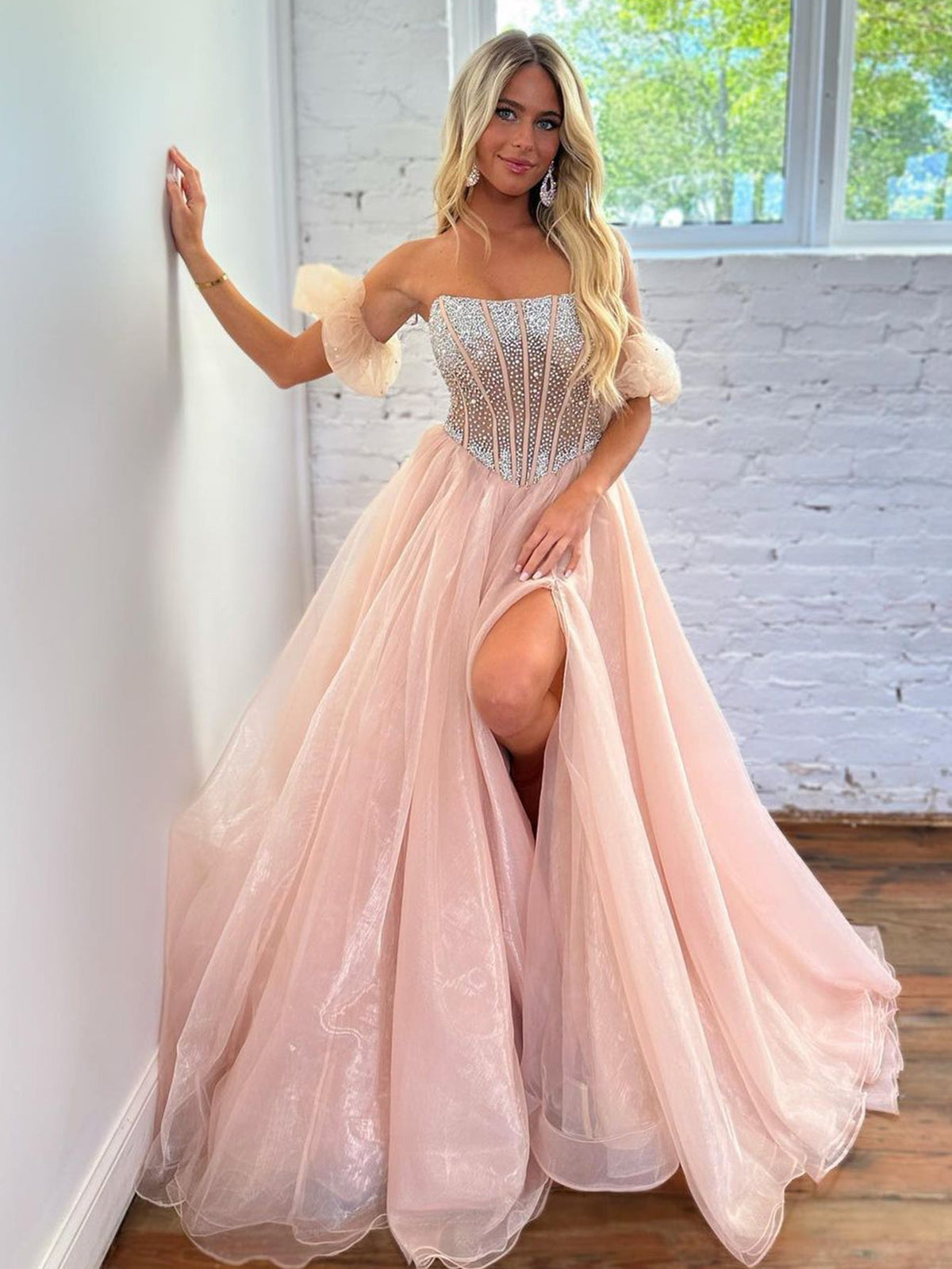 A Line Off The Shoulder Sequins Pink Long Prom Dress